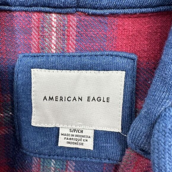 American Eagle Oversized Hooded Flannel Size S Red Blue Plaid Distressed Grunge - Picture 10 of 11